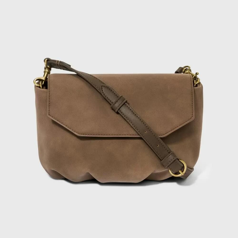 Pleated Crossbody Bag Universal Thread Otter Brown Snap Closure Faux Suede New